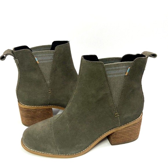 TOMS Suede Heeled‎ Ankle Boots Olive Green Chelsea Style Size 9.5 Casual Chic - Picture 1 of 12